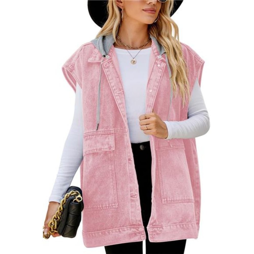 Women's Oversized Denim Vest Mid Long Jean Vest Sleeveless Jackets